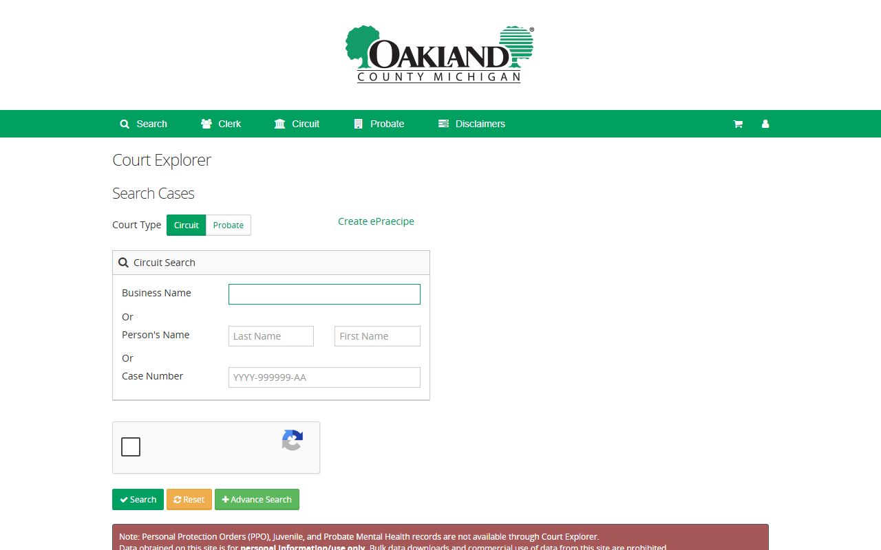 Oakland County Court Explorer case search portal