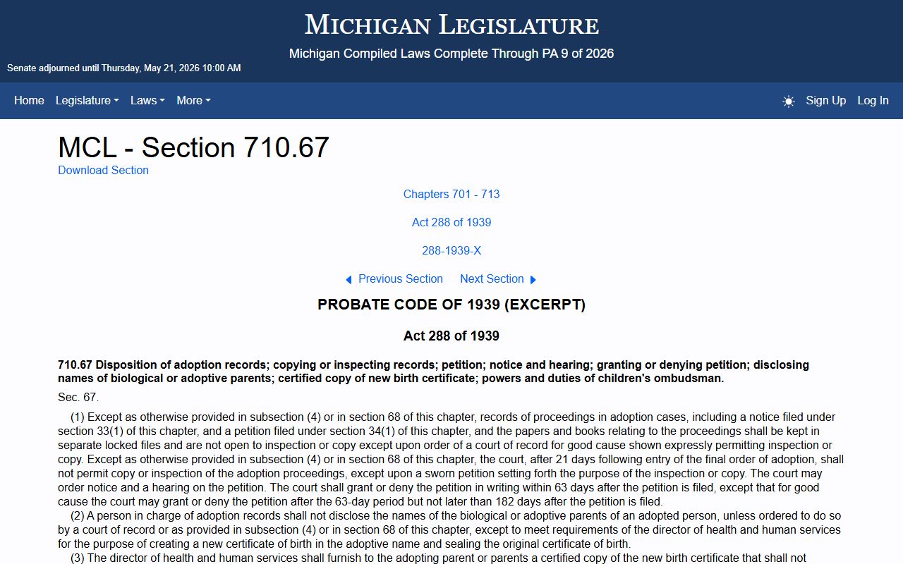 MCL 710.67 Michigan adoption record confidentiality