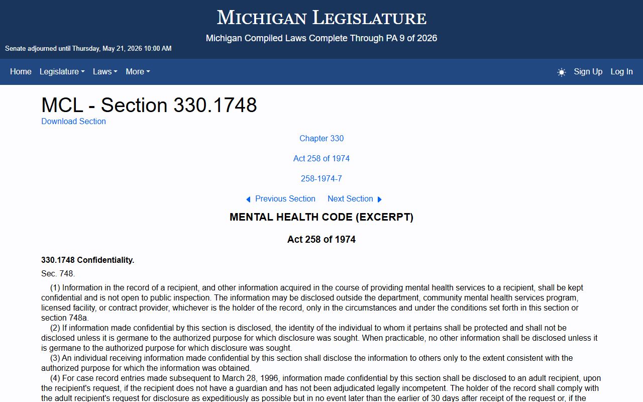 MCL 330.1748 Michigan mental health confidentiality