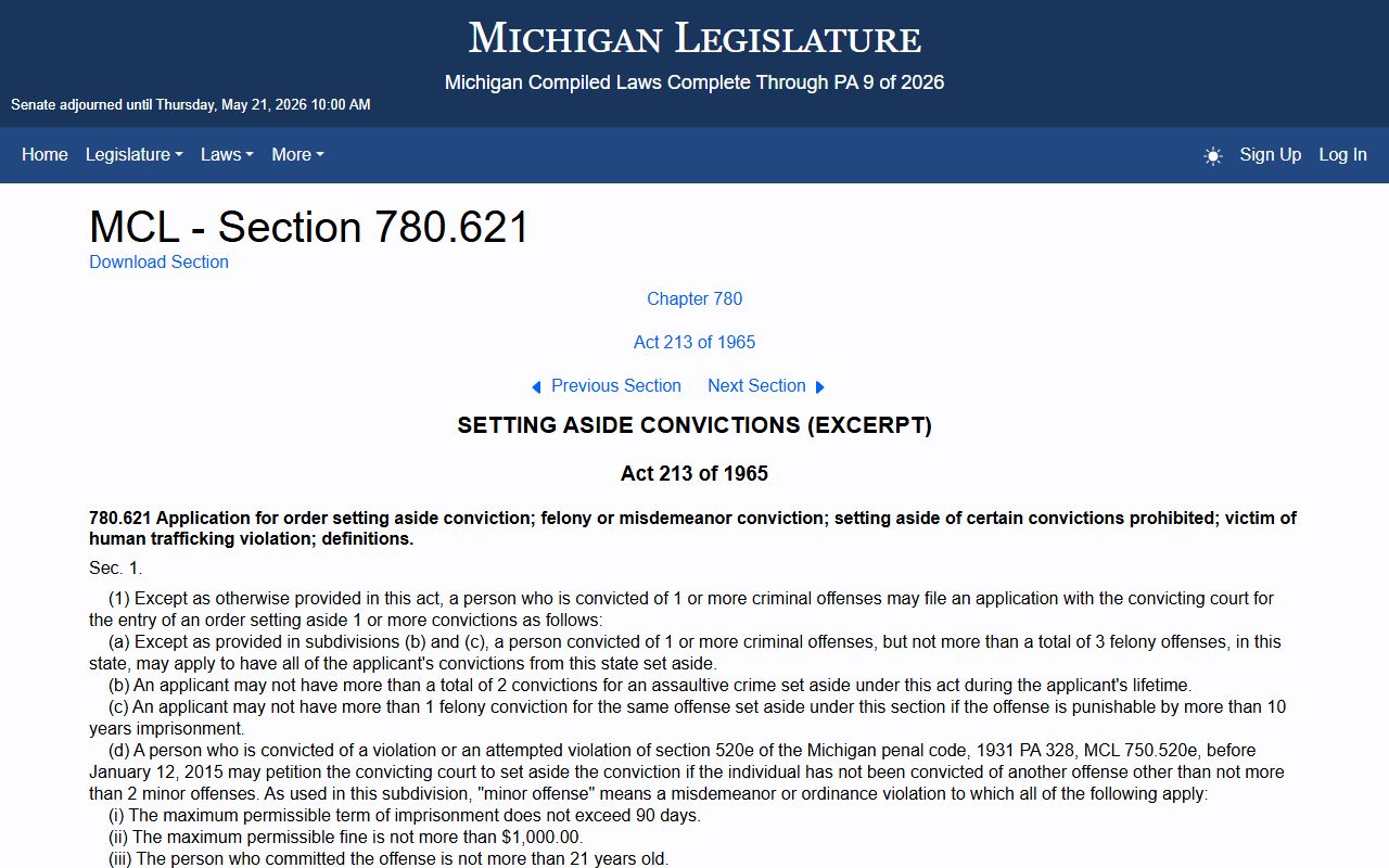 MCL 780.621 Michigan set aside conviction law