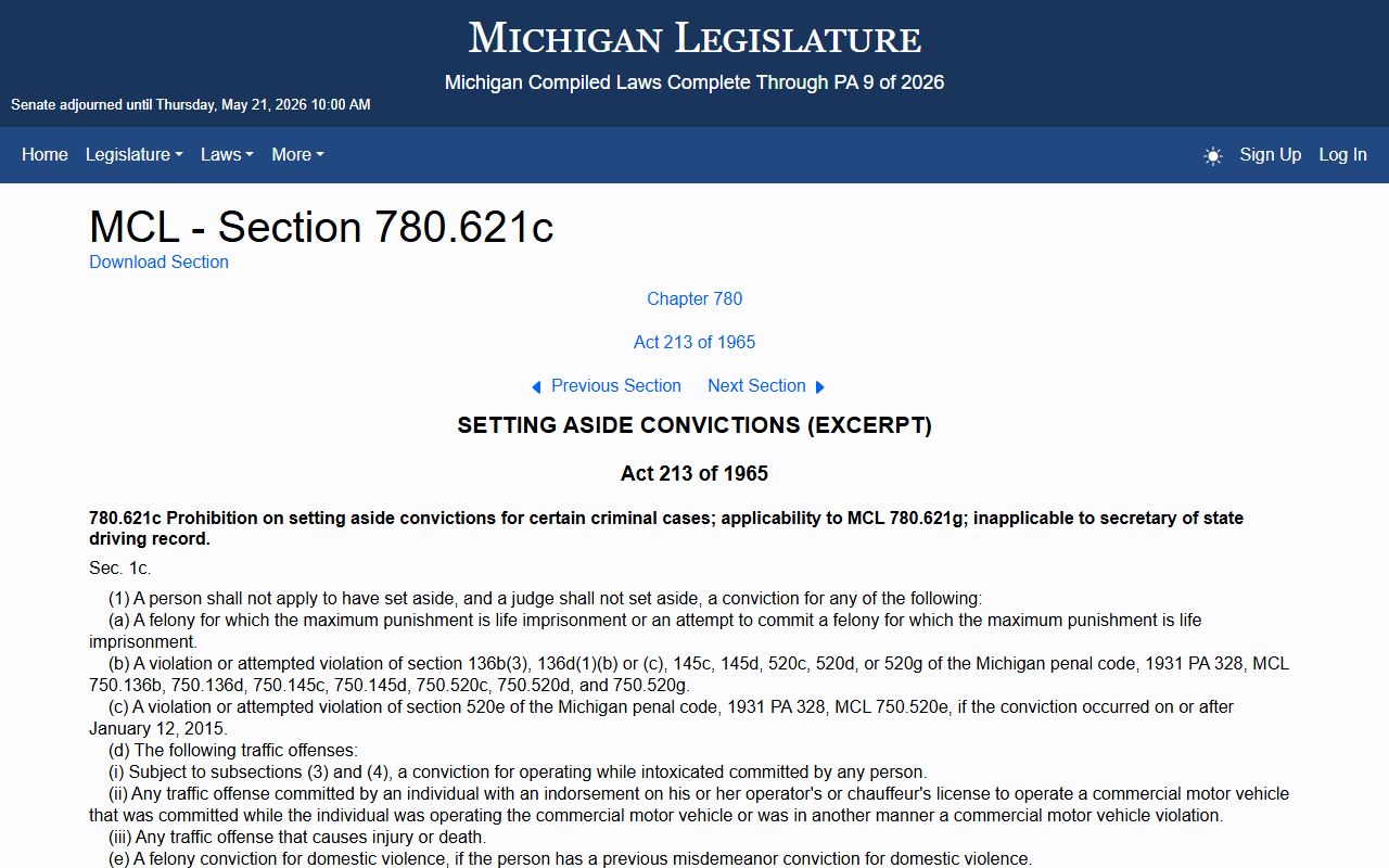 MCL 780.621c set aside limits including traffic