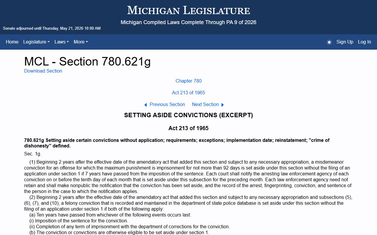 MCL 780.621g Michigan Clean Slate set-aside law