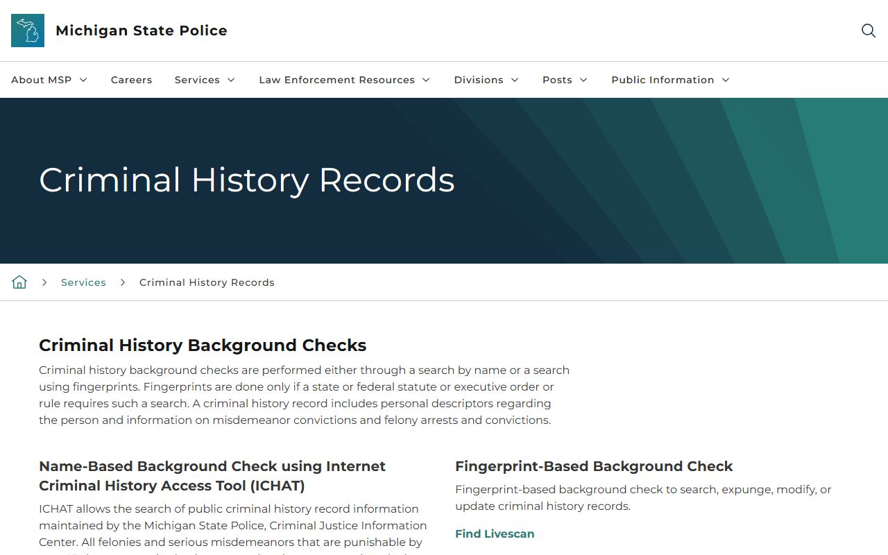 Michigan State Police Criminal History ICHAT page
