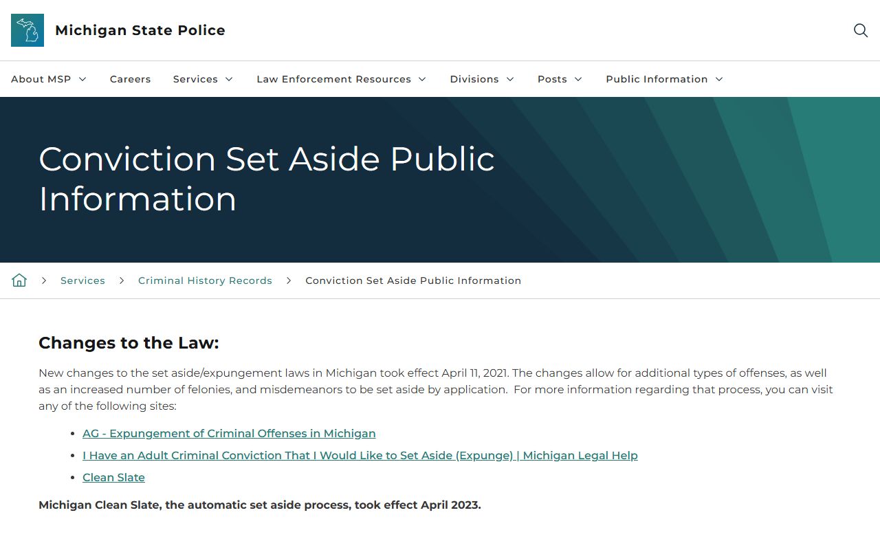 Michigan State Police conviction set aside information