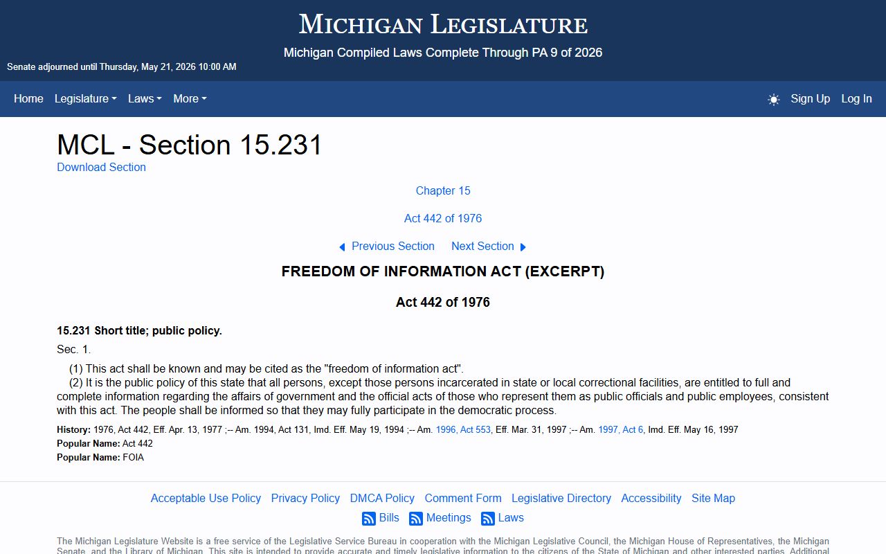 Michigan FOIA public policy MCL 15.231