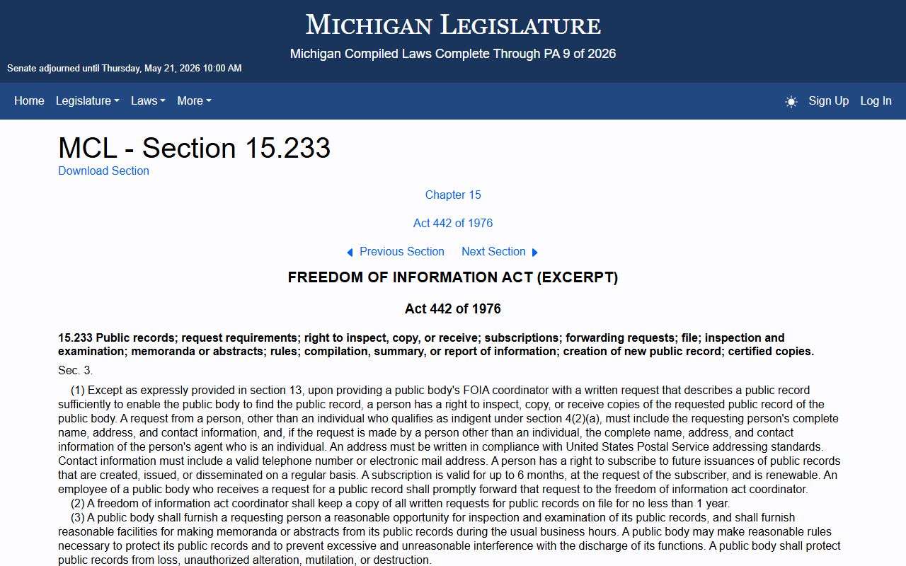 MCL 15.233 right to inspect records