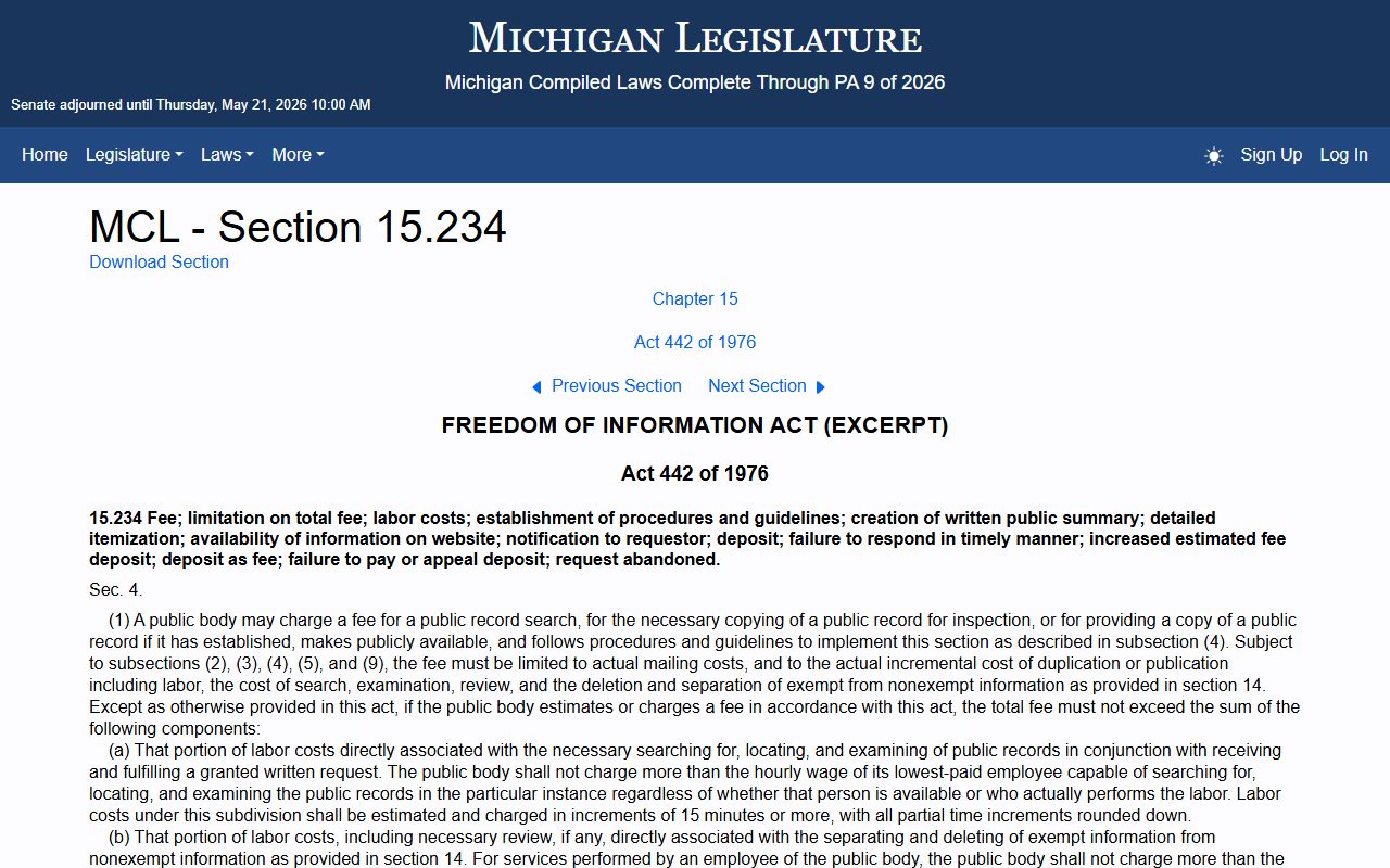 MCL 15.234 FOIA fee rules