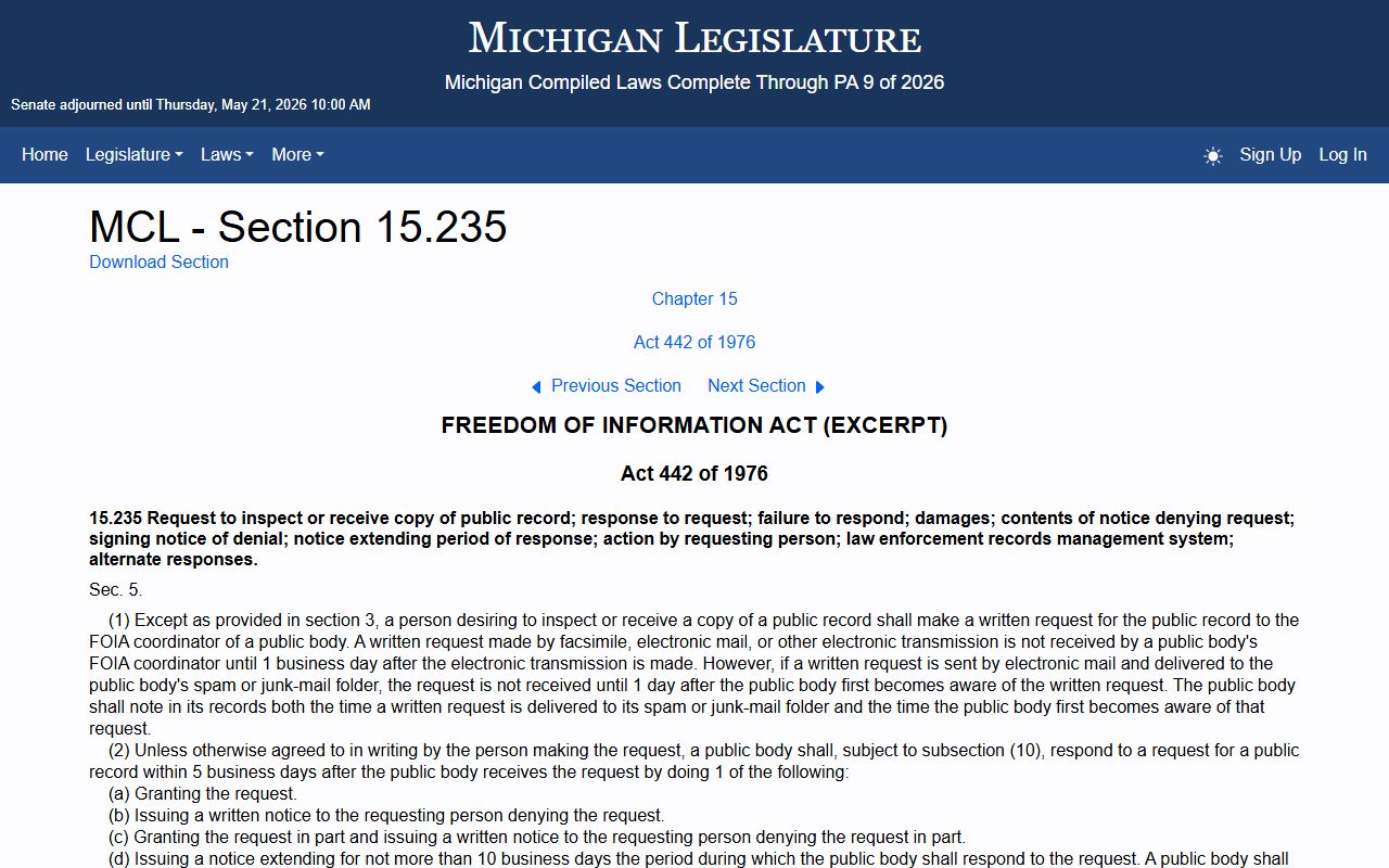 MCL 15.235 FOIA response rules