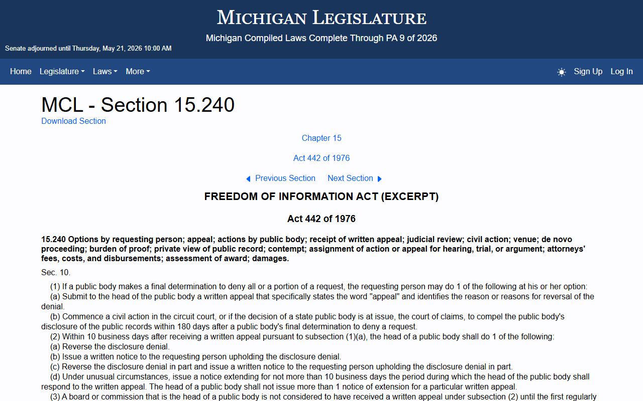 MCL 15.240 FOIA appeal rights