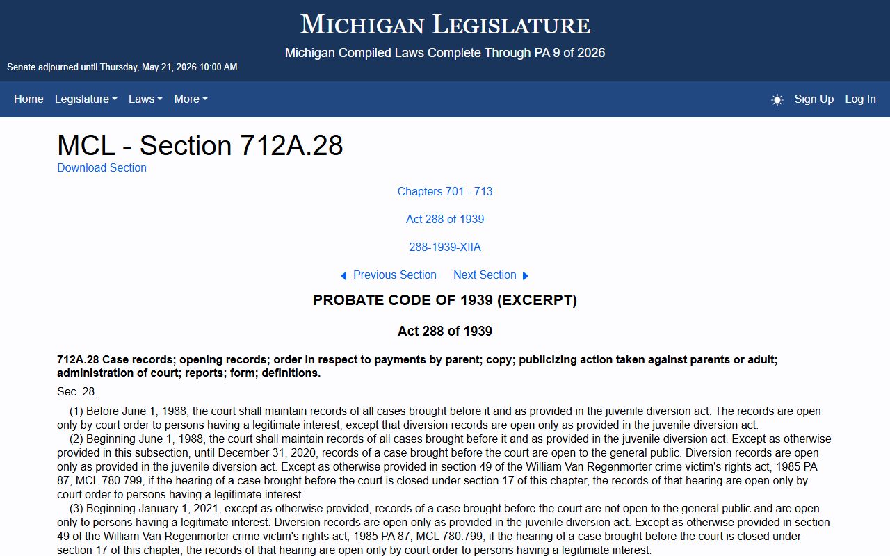 MCL 712A.28 juvenile court records